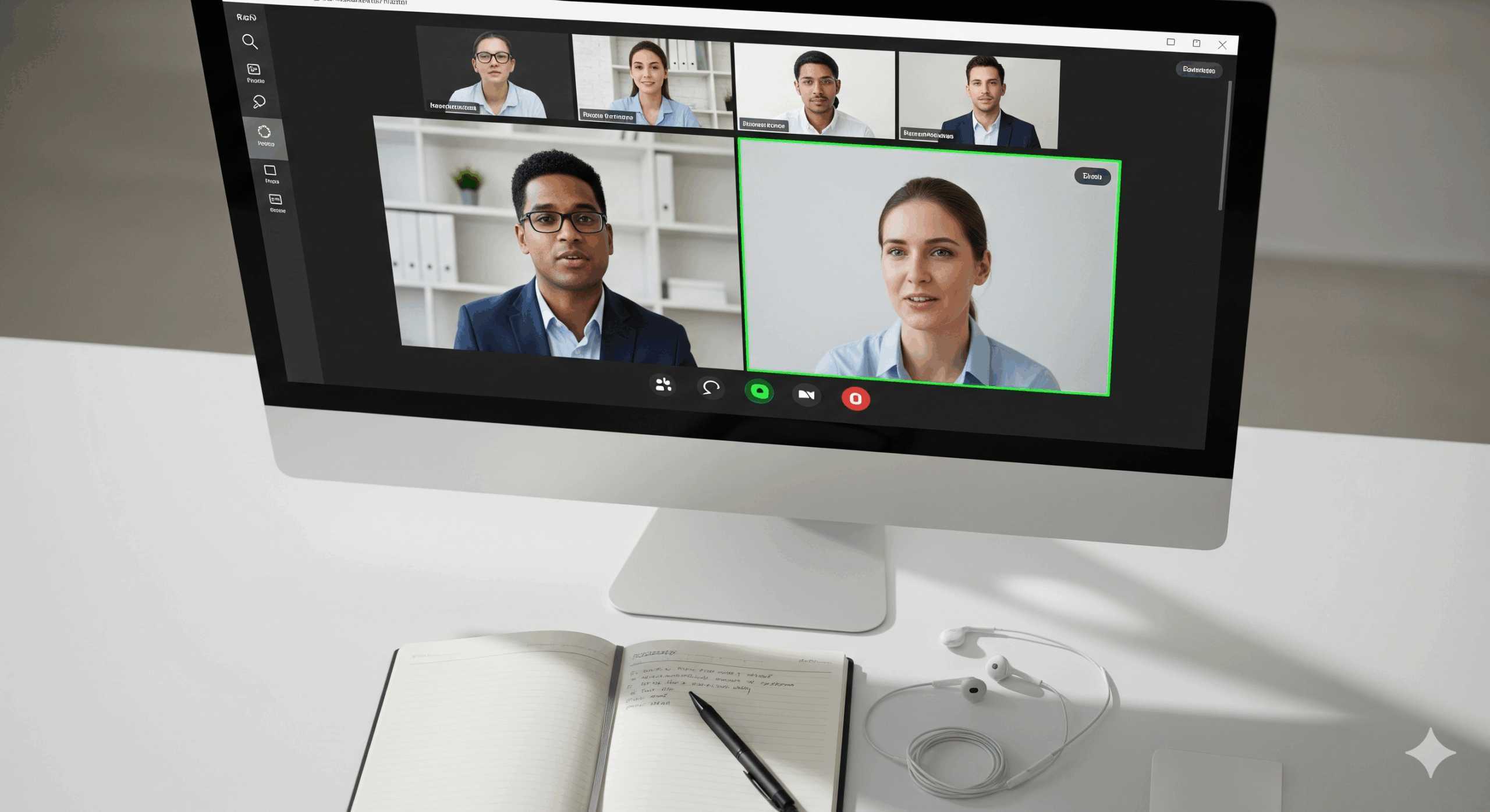 パソコン画面に映るZoom面接の様子を俯瞰した構図