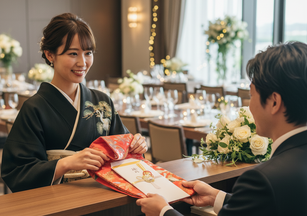 結婚式の受付で御祝儀を渡している場面
