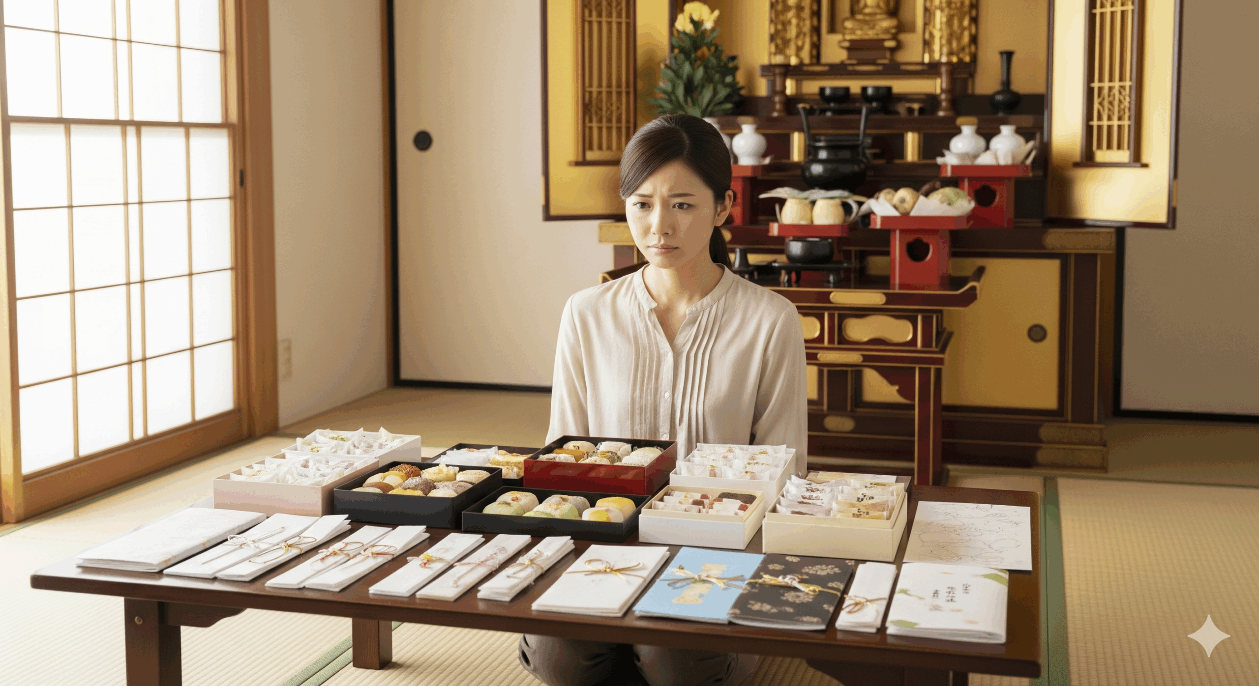 和室の仏壇の前で困った表情を浮かべる30代の日本人女性が、様々なお菓子の箱を前に選び方で悩んでいる様子