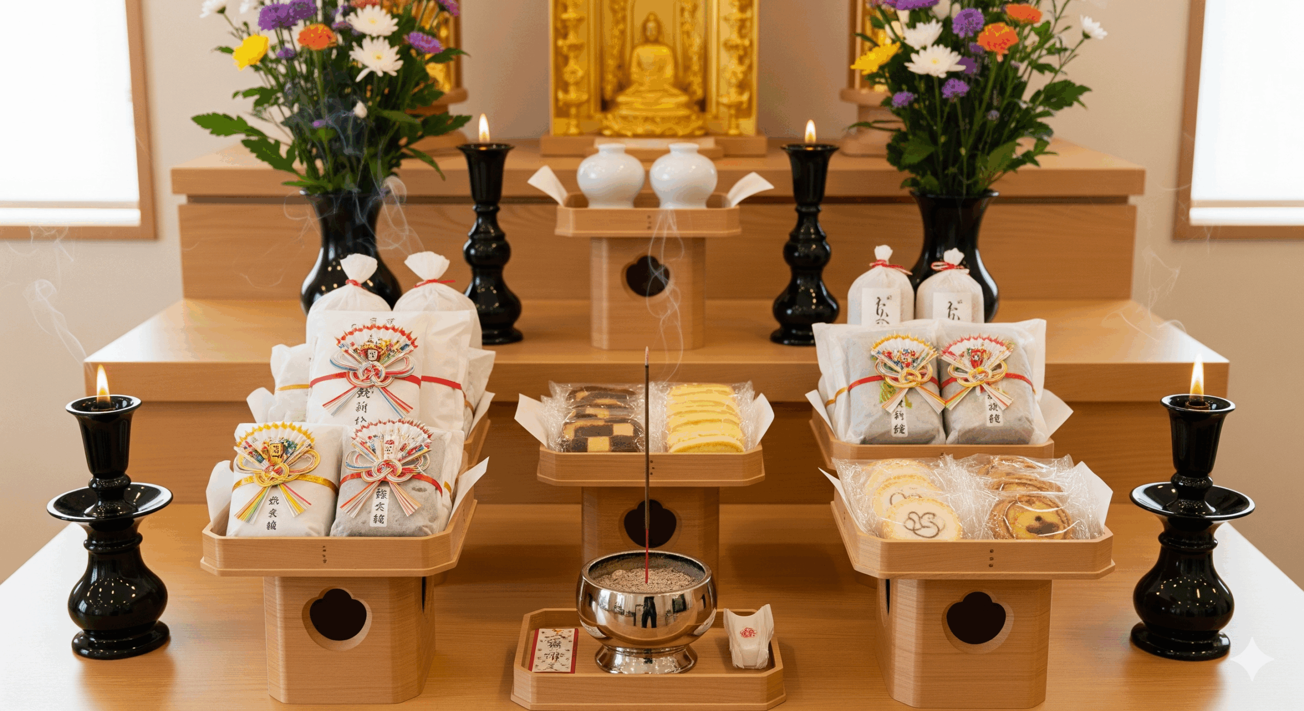 美しく整えられた仏壇に、正しい置き方でお供えされた和菓子と洋菓子が配置されている風景