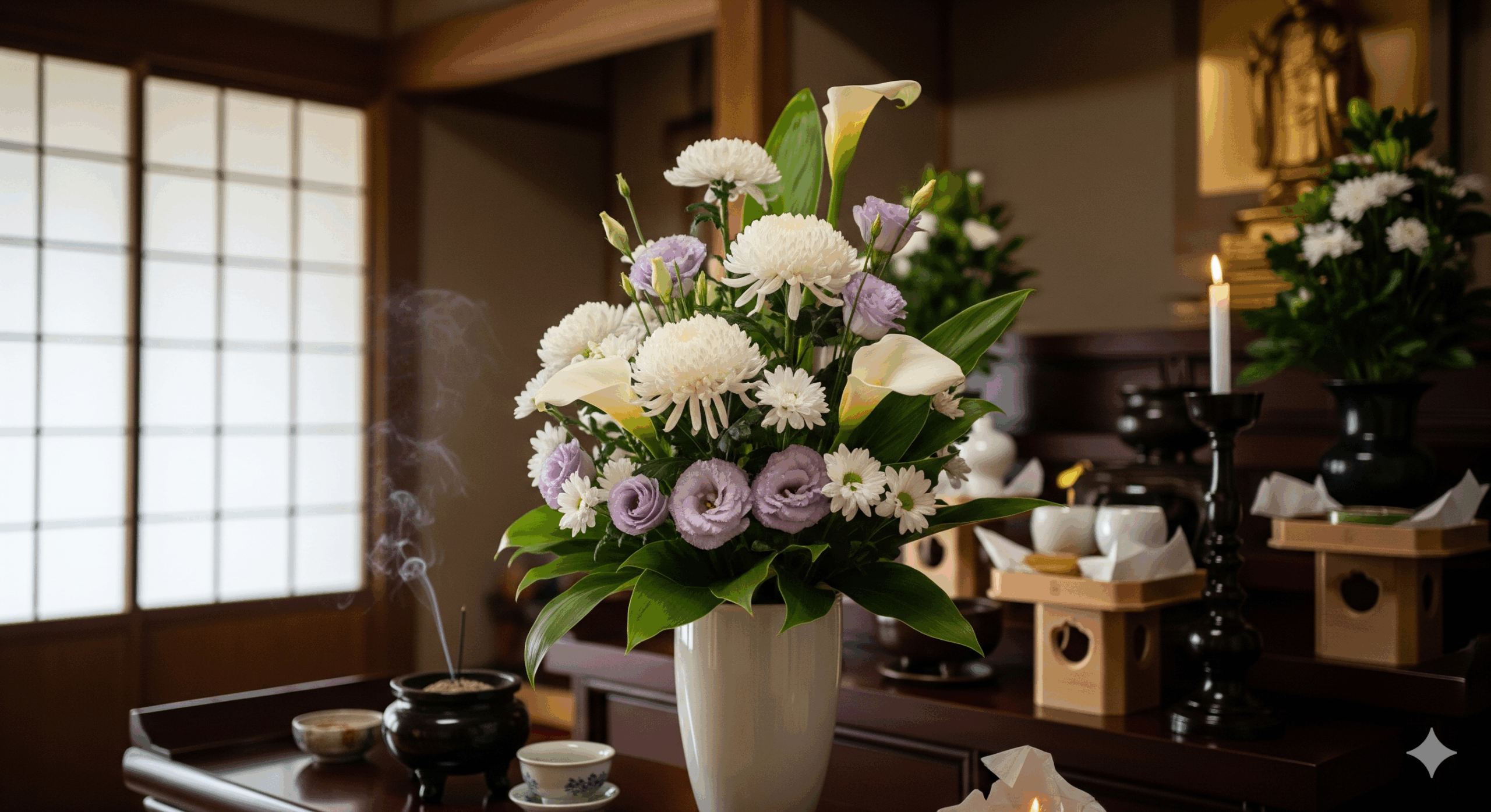 仏壇に白い菊、薄紫のトルコキキョウ、白いカラーなどが上品にアレンジされた花束が供えられている様子