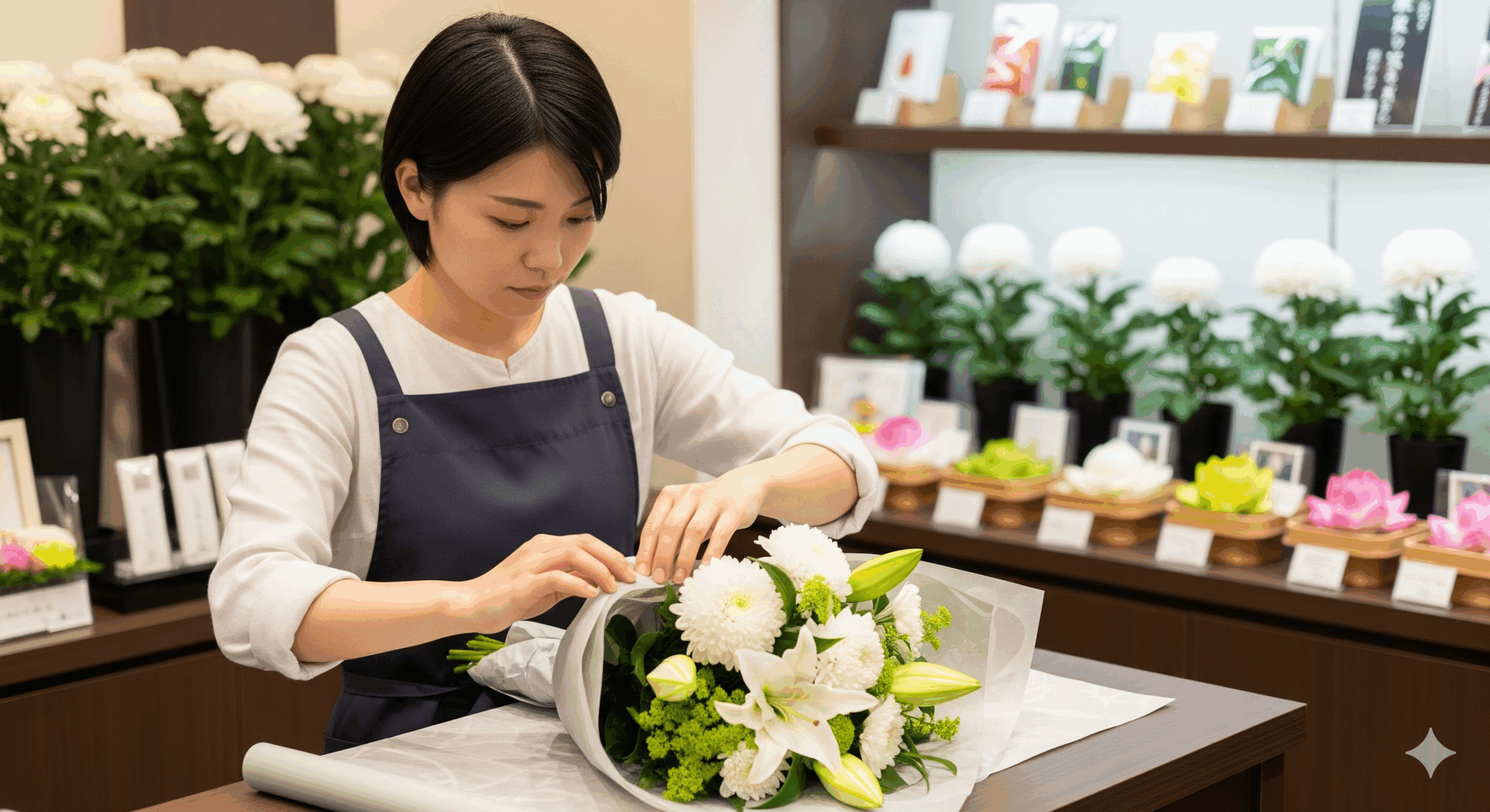 フラワーショップで30代の日本人女性店員が、お悔やみ用の花束を丁寧に包装している様子