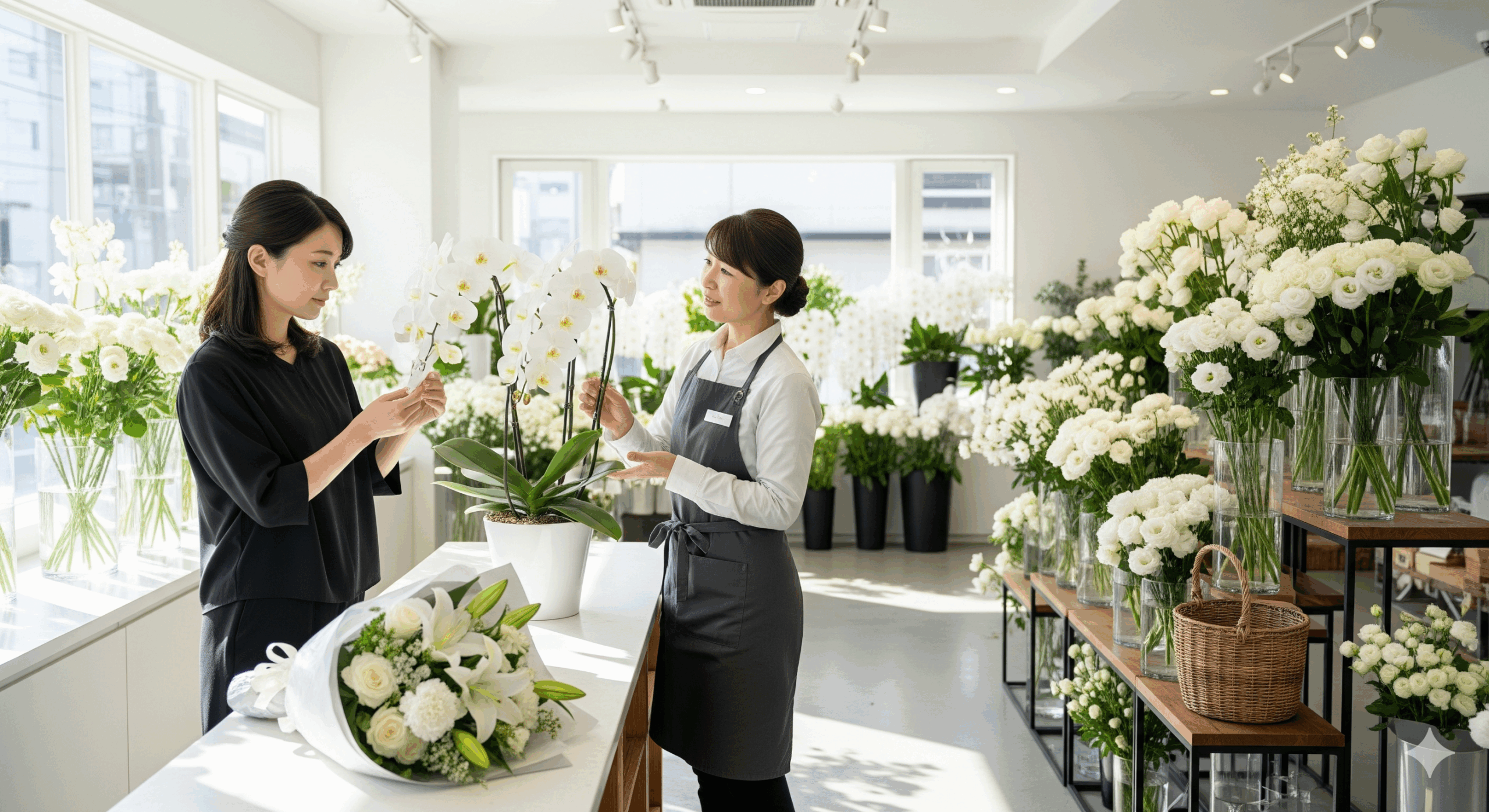 30代の日本人女性が花屋で白い胡蝶蘭やお悔やみ用の花束を選んでいる様子
