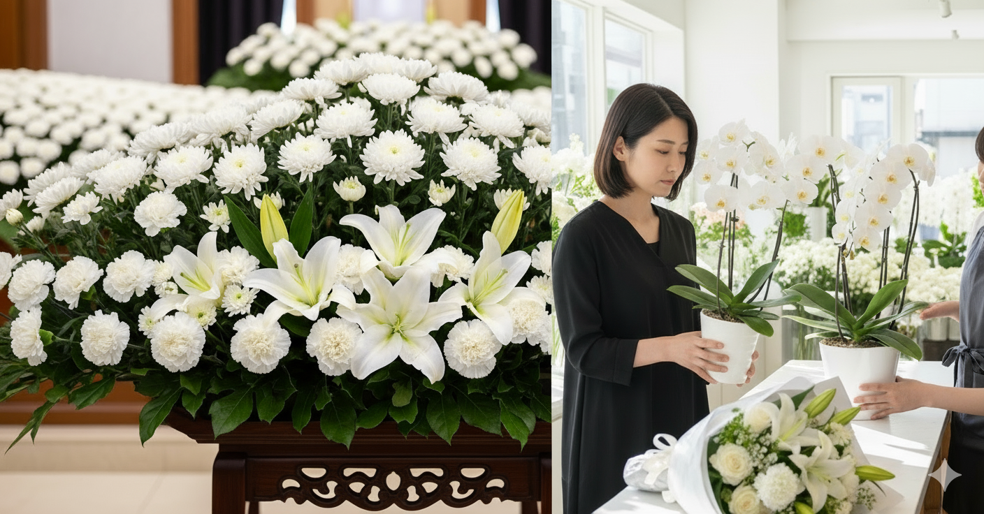 お悔やみのお花を選んでいる喪服の女性