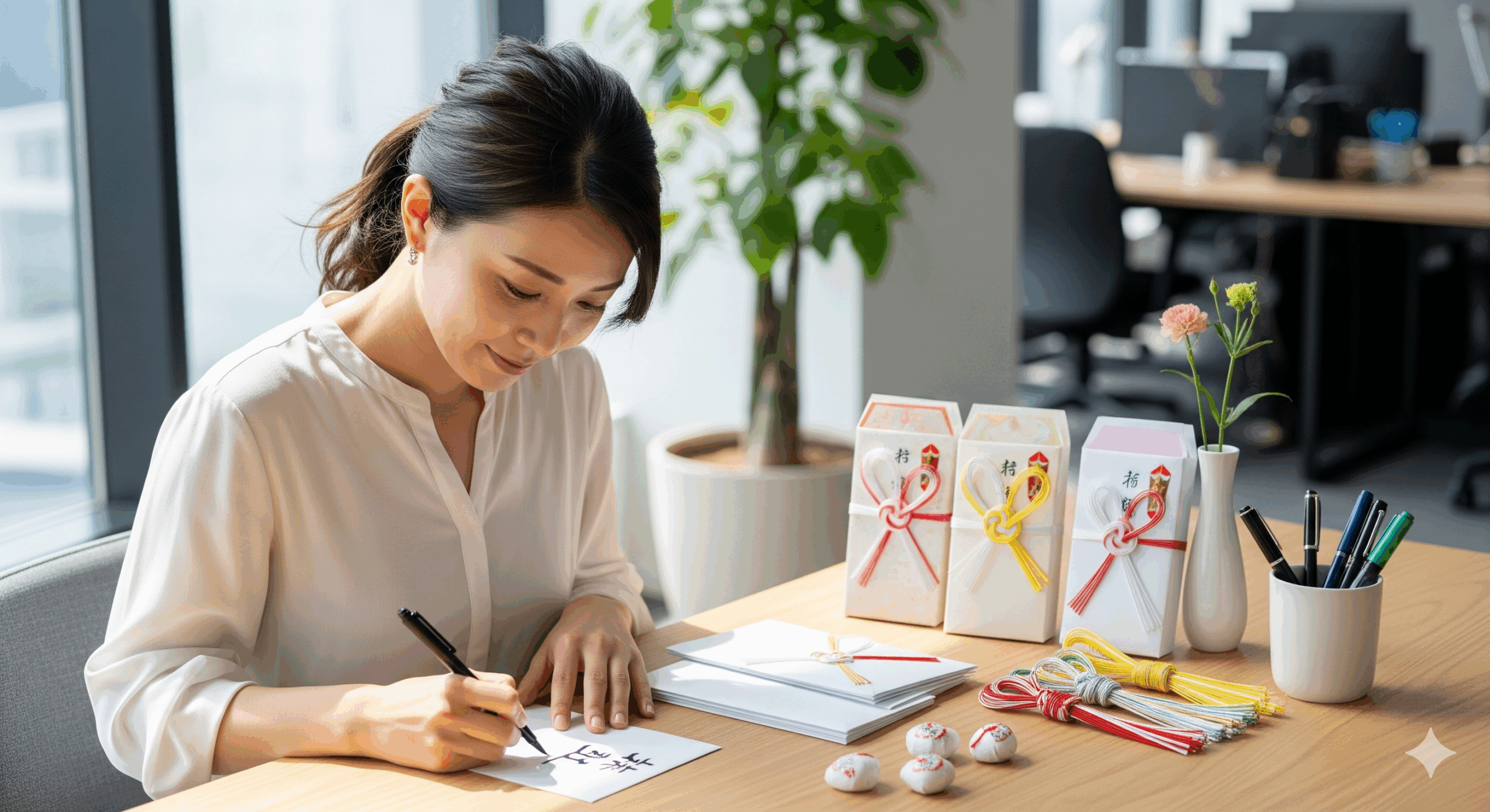 30代の日本人女性が机の上で白い封筒に丁寧に筆ペンで文字を書いている様子