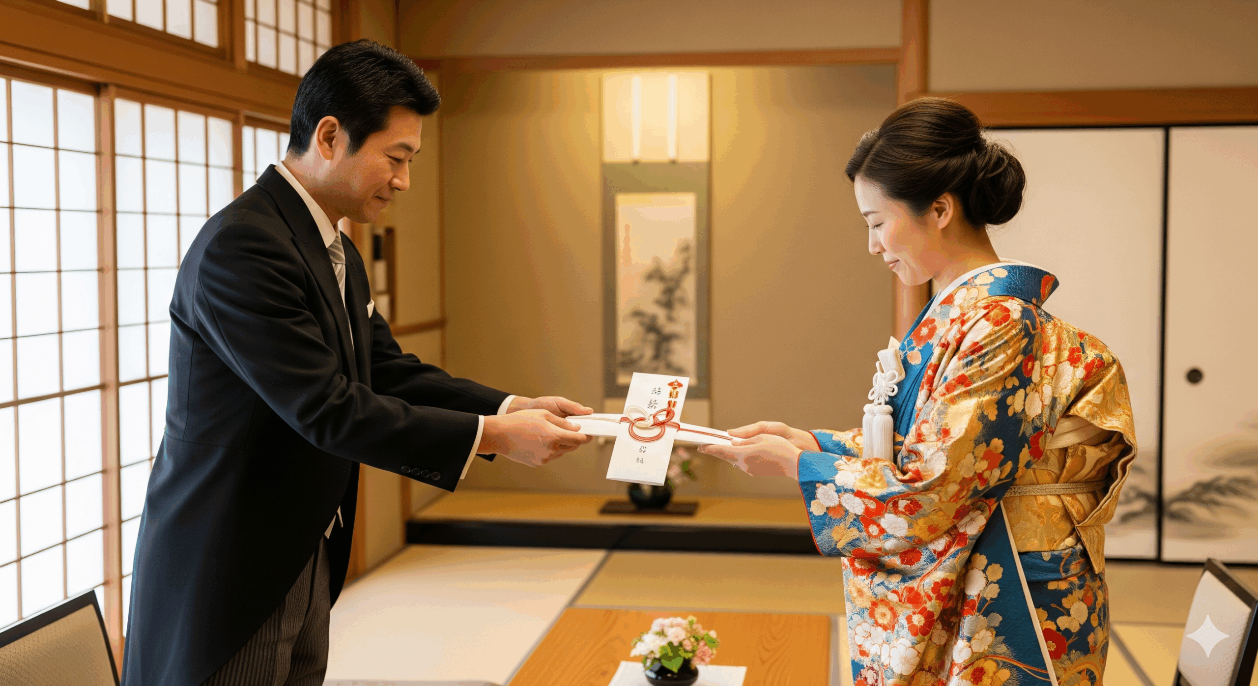 40代の日本人男性が両手で白いのし袋を丁寧に差し出している場面