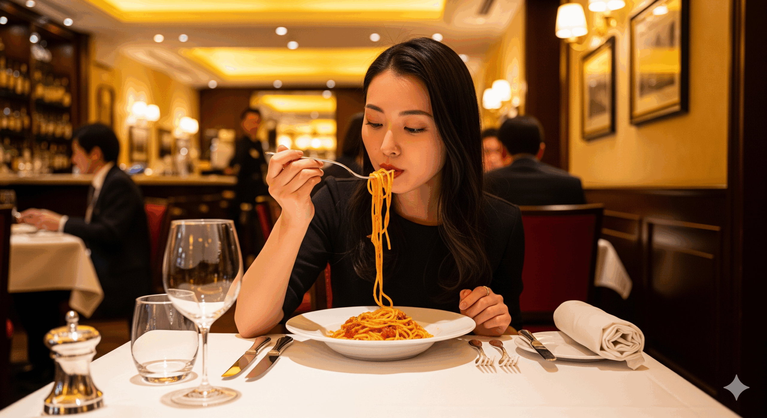 20代の日本人女性がフォークのみを使って上品にパスタを食べている様子