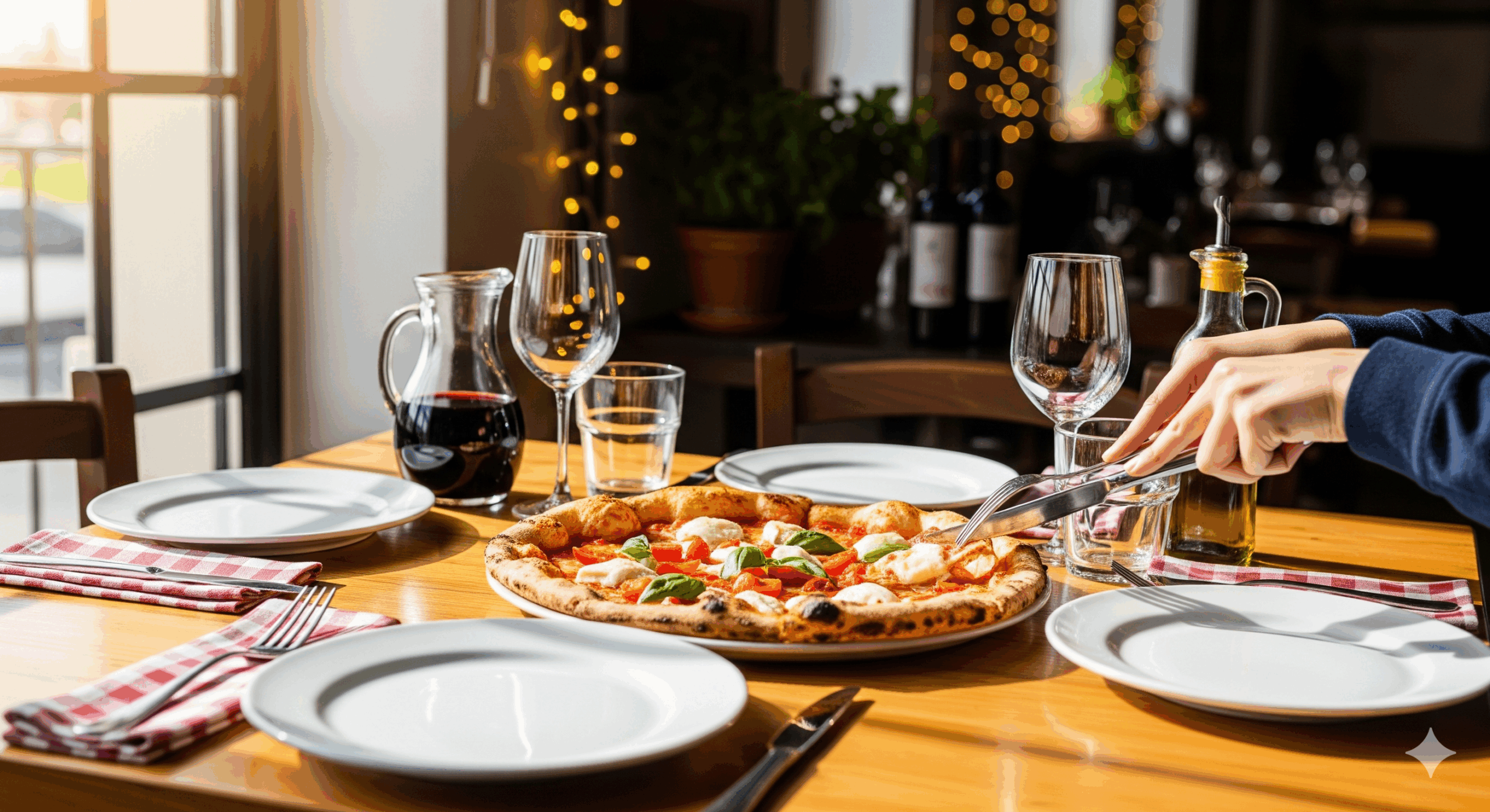 カジュアルなイタリアンレストランのテーブルに、ナイフとフォークで切り分けられたピザと、正しいテーブルセッティングが配置されている