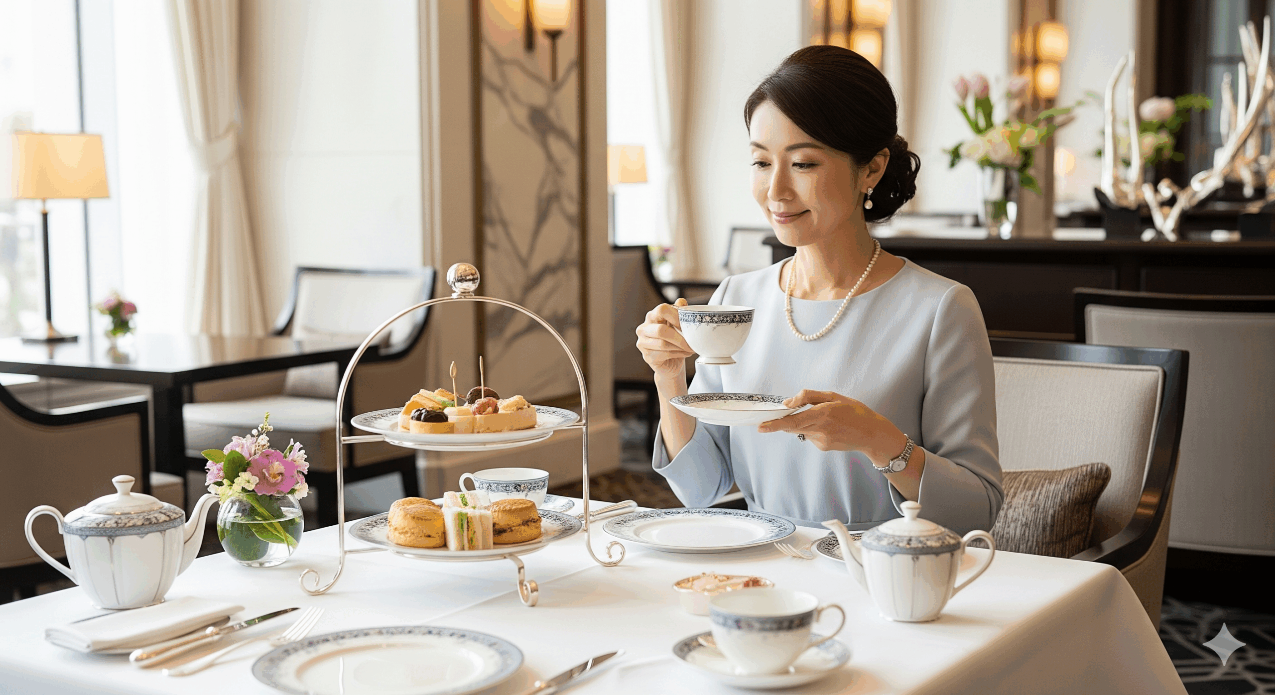 高級ホテルのラウンジで行われるアフタヌーンティーの場面