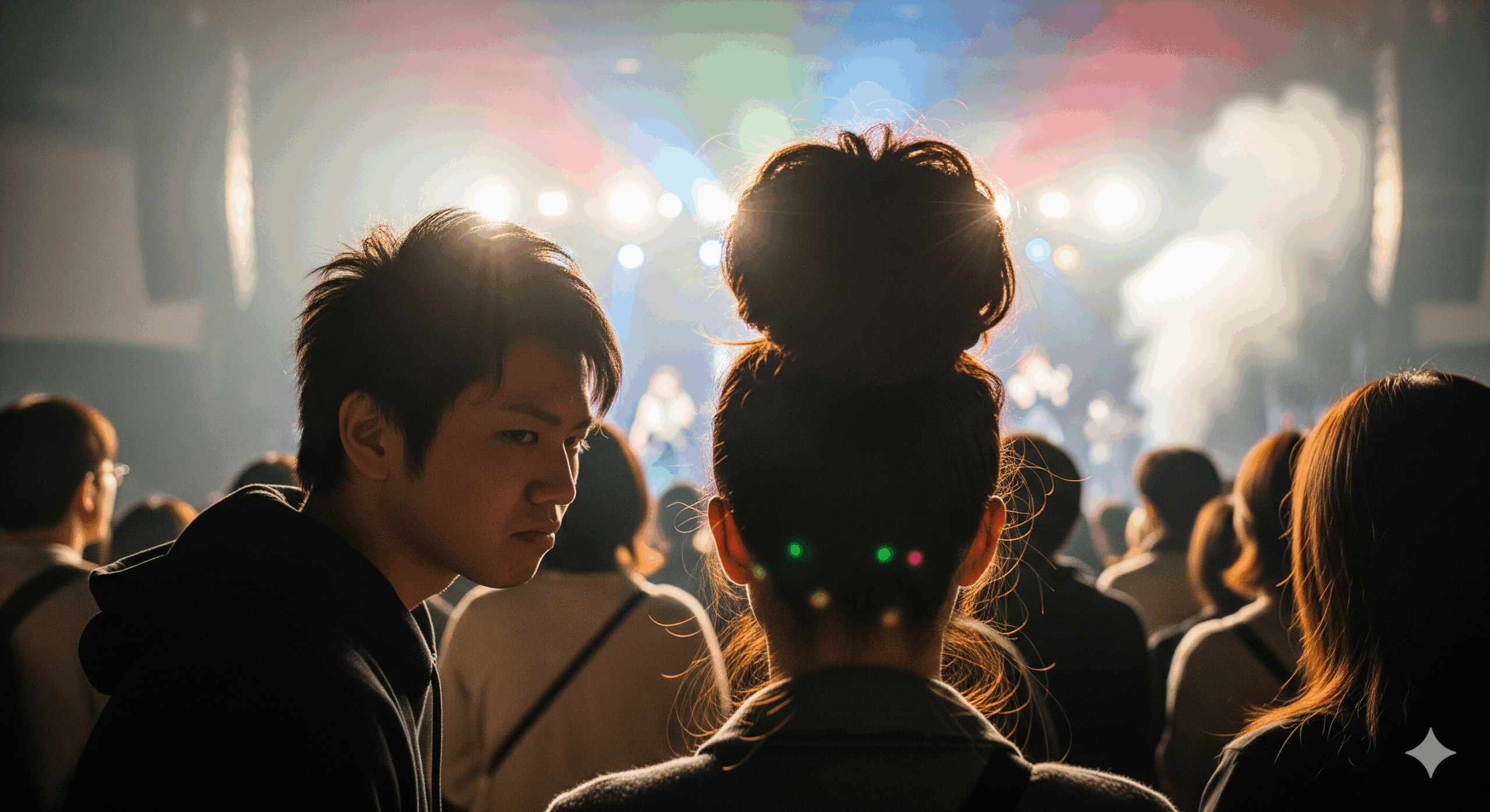 ライブ会場のスタンディングエリアで、前の観客の高い髪型によって後ろの人の視界が遮られている様子