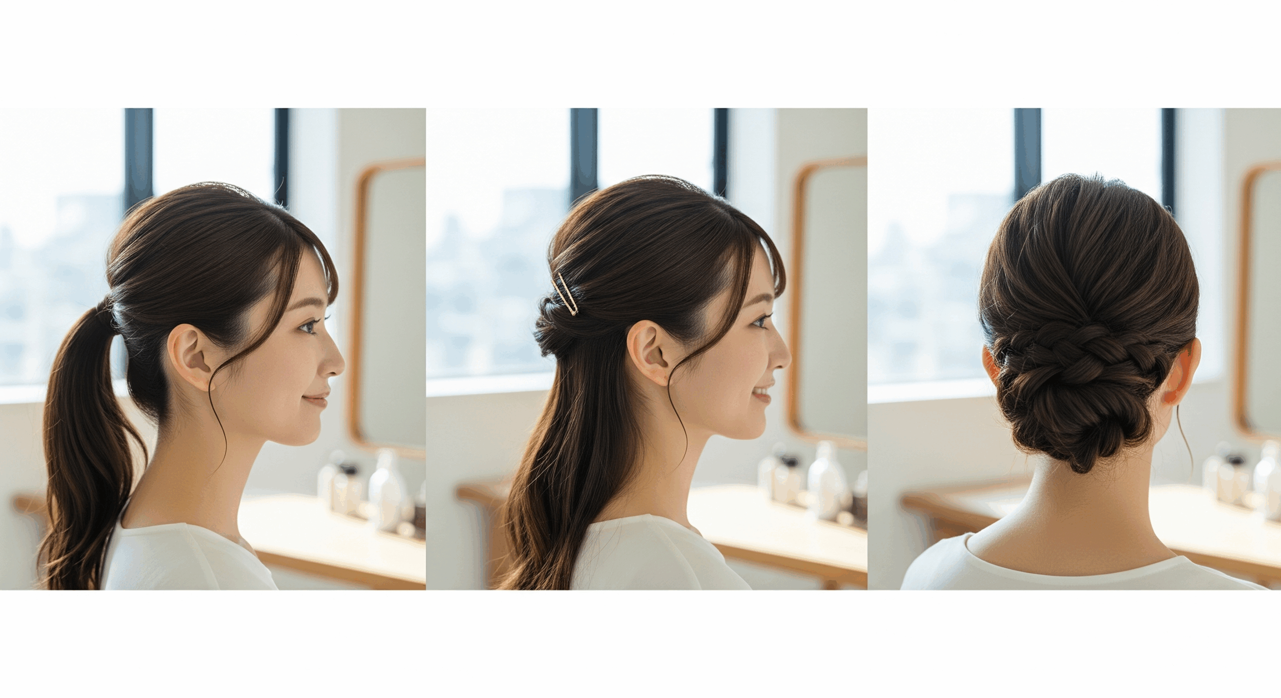 明るい室内で鏡の前でヘアアレンジをしている20代の日本人女性。ポニーテール、ハーフアップ、三つ編みお団子の3つのヘアスタイルを順番に並べて表示