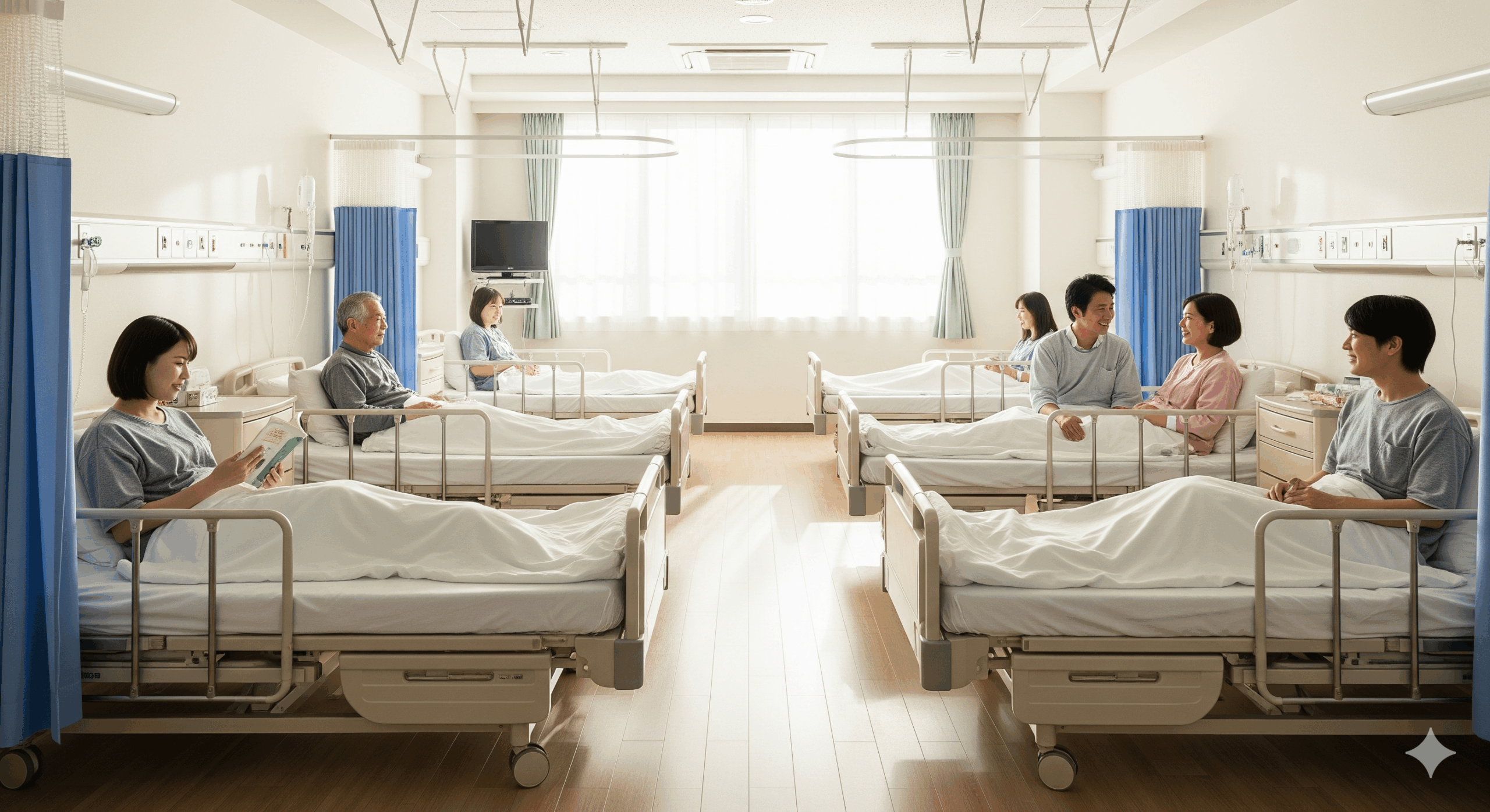 20代から60代の日本人患者たちが適度な距離感を保ちながら過ごしている様子