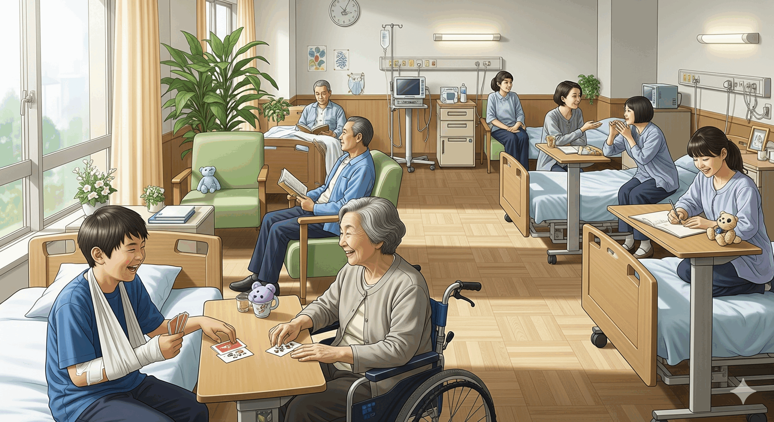 病院の大部屋で、様々なタイプの日本人患者が自分らしく過ごしている様子