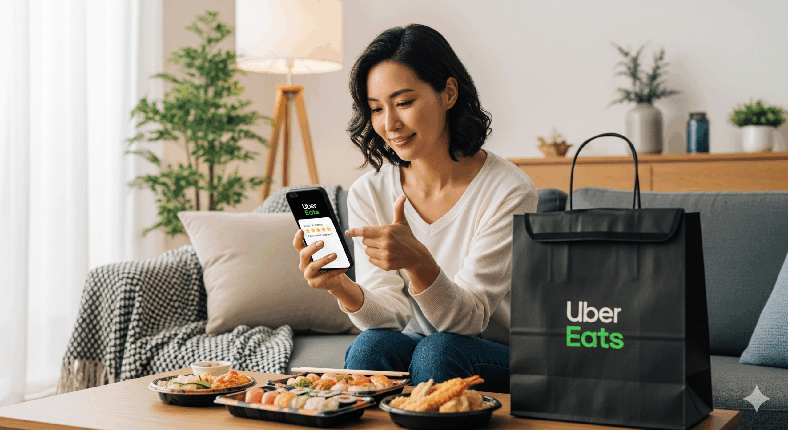 30代の日本人女性がスマートフォンでUber Eatsアプリの評価画面を操作している場面