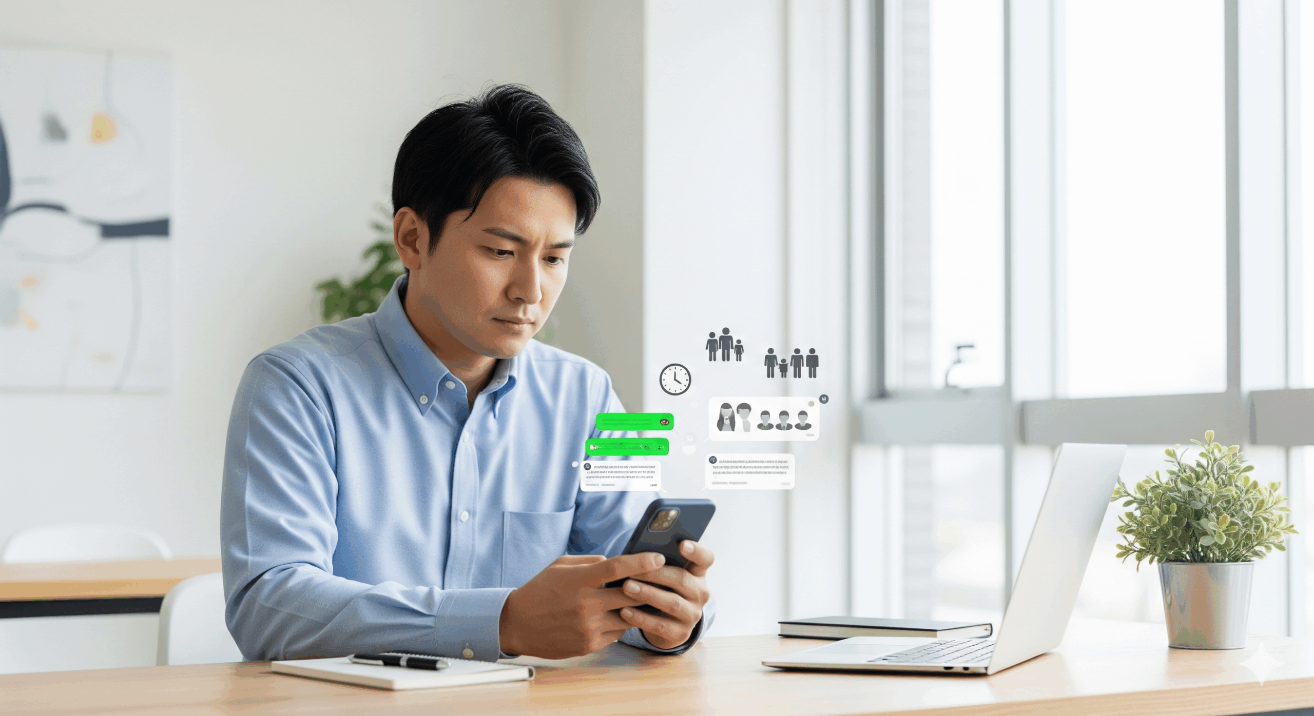 明るいオフィス環境で、デスクに座った30代の日本人男性がスマートフォンを見ながら考え込んでいる様子