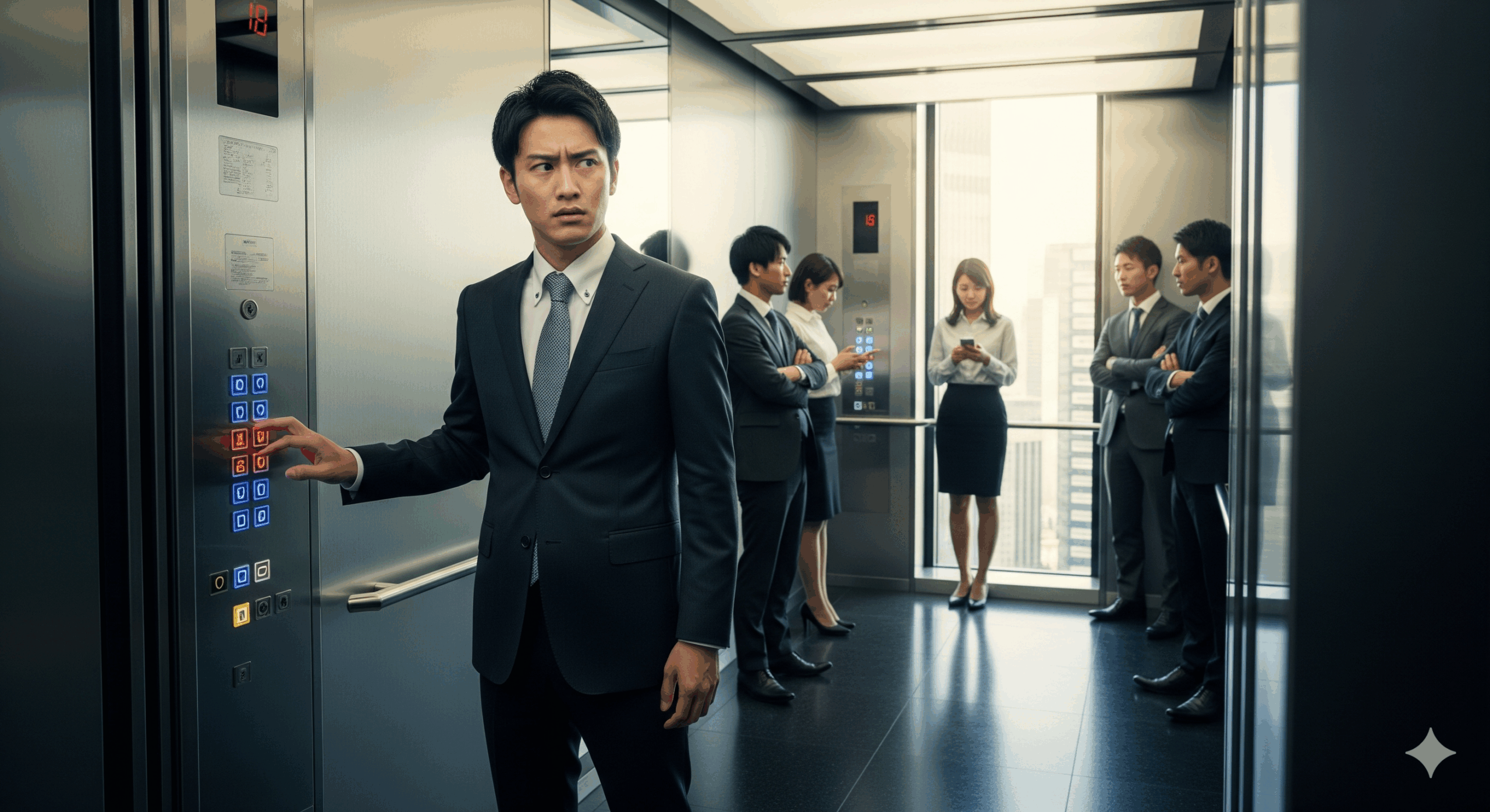 オフィスビルのエレベーター内で、30代の日本人ビジネスマンが困惑した表情でボタンの前に立っている様子