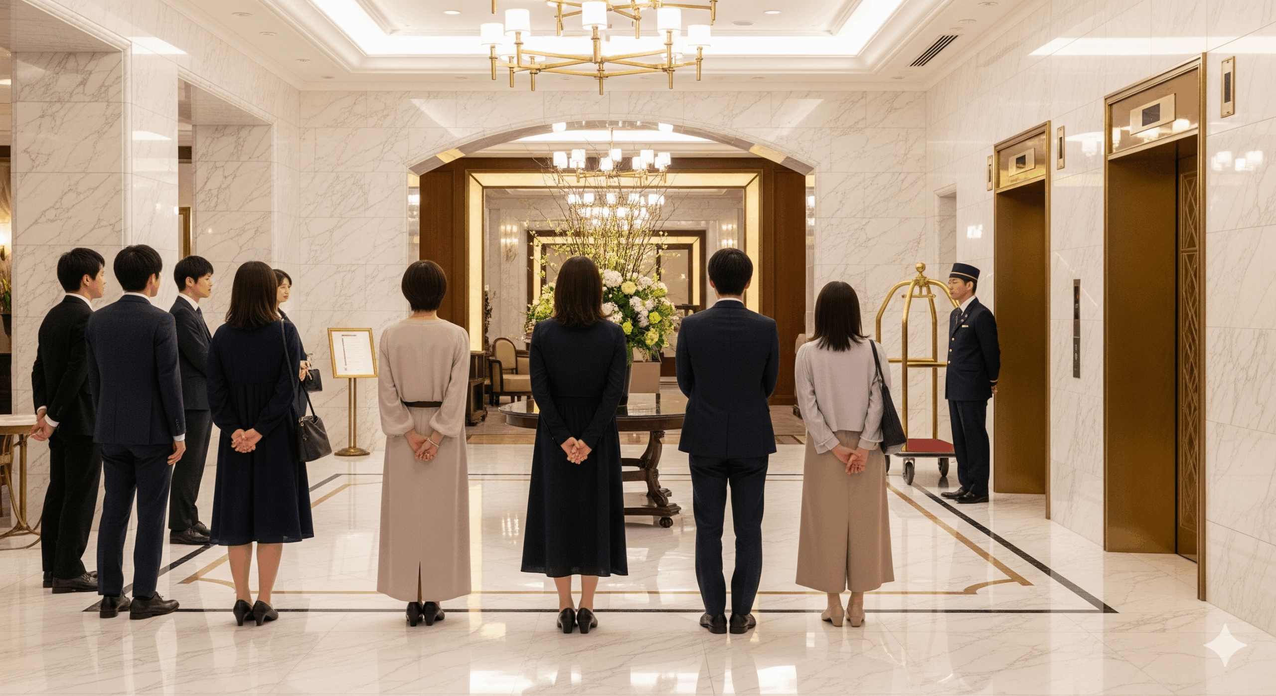 高級ホテルのエレベーターホールで、20代から40代の日本人男女が礼儀正しく順番を待っている光景