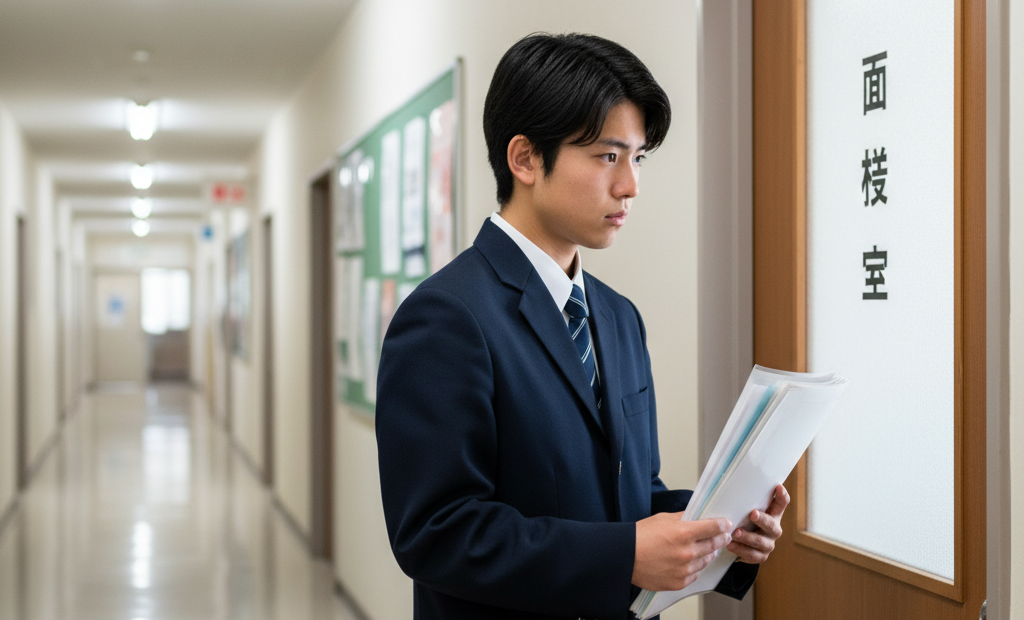 高校生が面接室のドアの前で緊張している様子