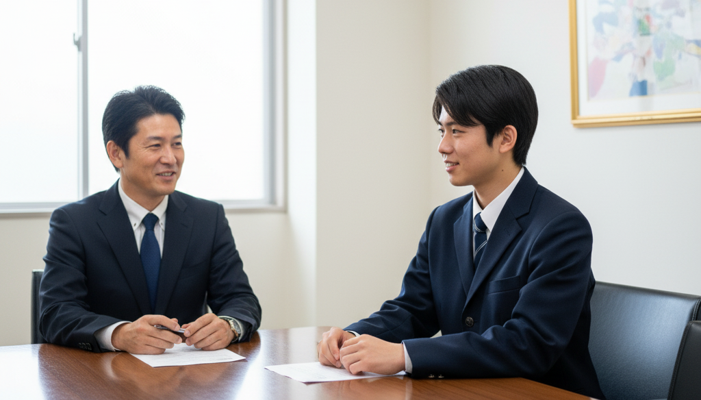 面接官と高校生が向かい合って座っている面接の様子
