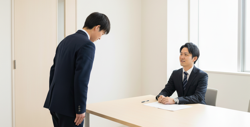 20代の日本人男性面接官が机の向こう側に座り、18歳の日本人高校生がドアから入室している瞬間を描いた場面