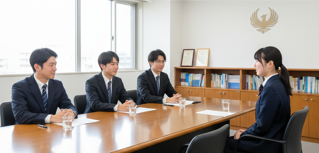大学の面接会場で、複数の面接官が机に座り、18歳の日本人女子高校生が椅子に正しい姿勢で座って面接を受けている様子