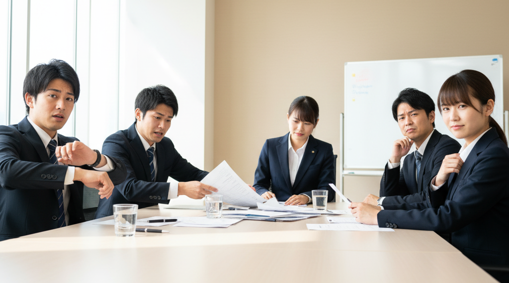 20代の日本人就活生たちが集団面接で落ち着きなく振る舞っている様子