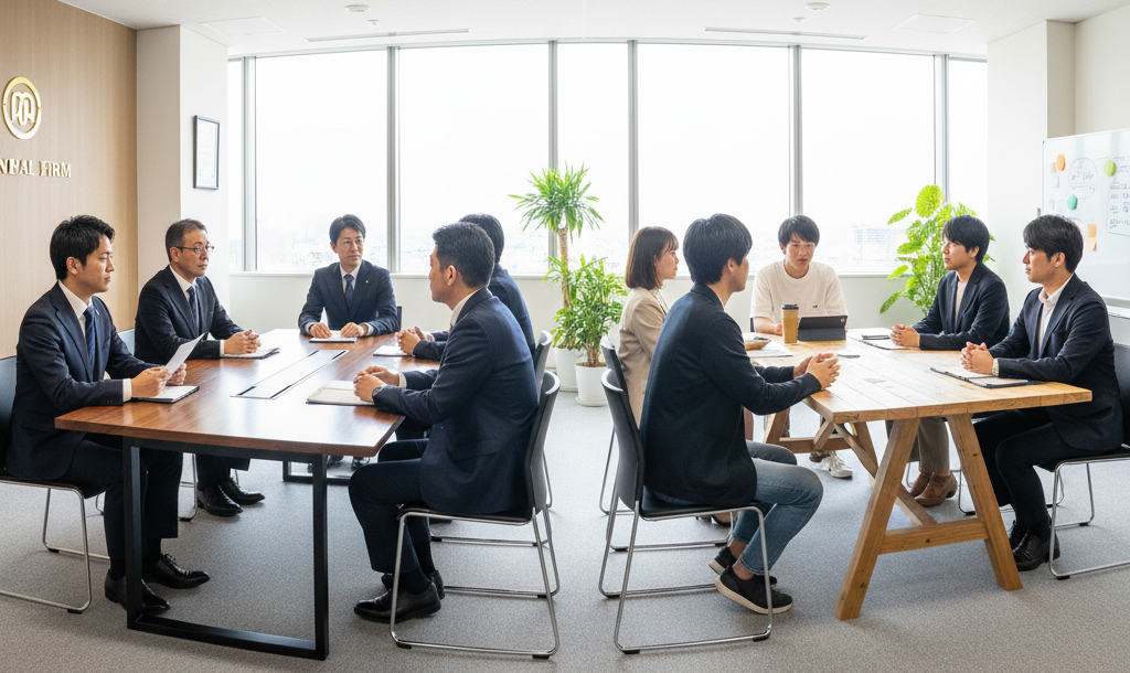 20代の日本人就活生3-4名が企業タイプ別の面接を受けている様子