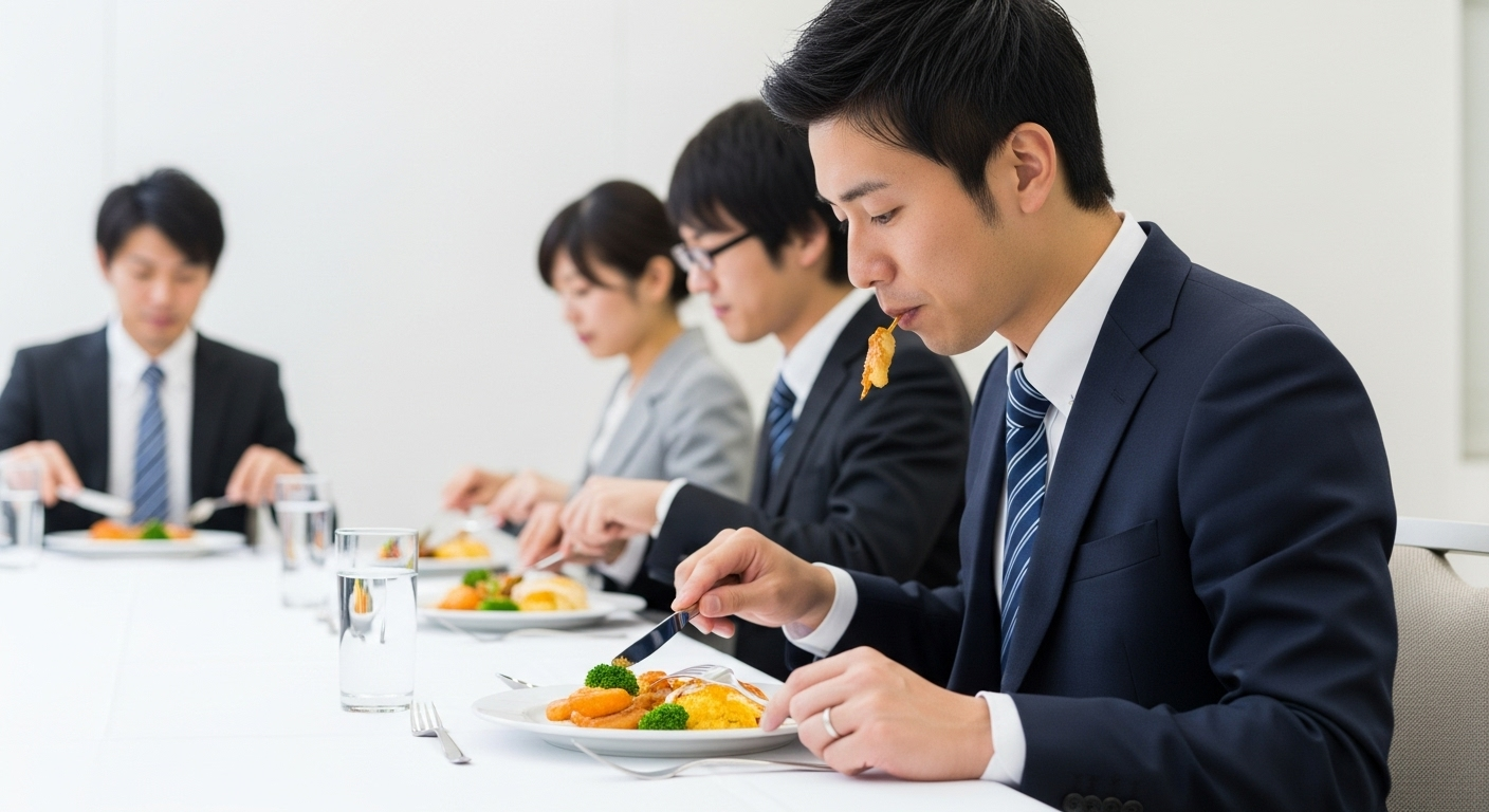 ビジネスディナーの会議室で、30代の日本人男性がスーツを着て洋食を食べている様子