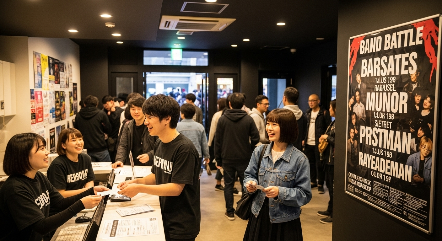 ライブハウス内で複数のバンドが出演している対バンライブの様子