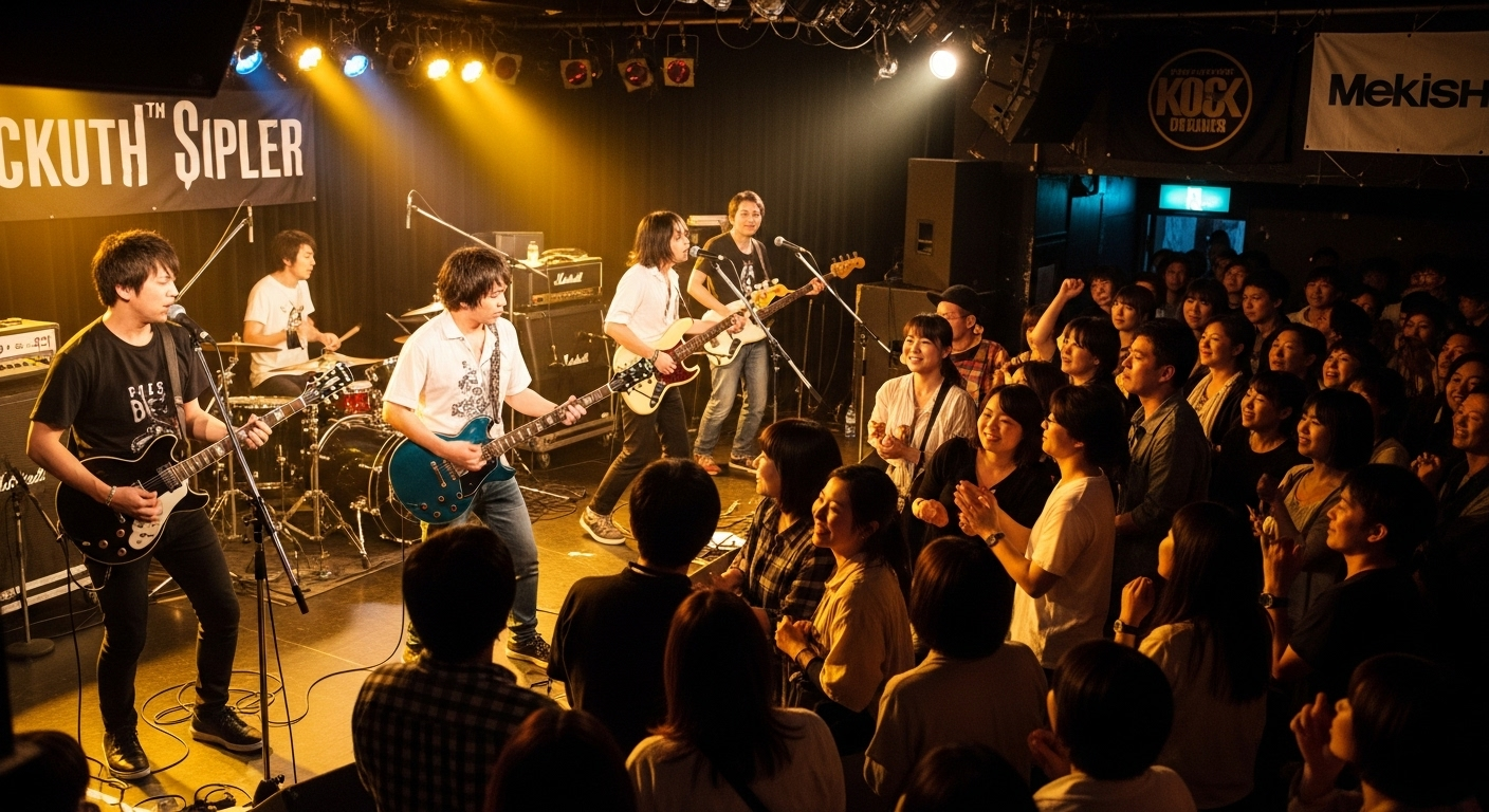 対バンライブ会場の受付エリアの様子。20代から30代の日本人がチケットを手に持ち、スタッフと笑顔で会話している場面