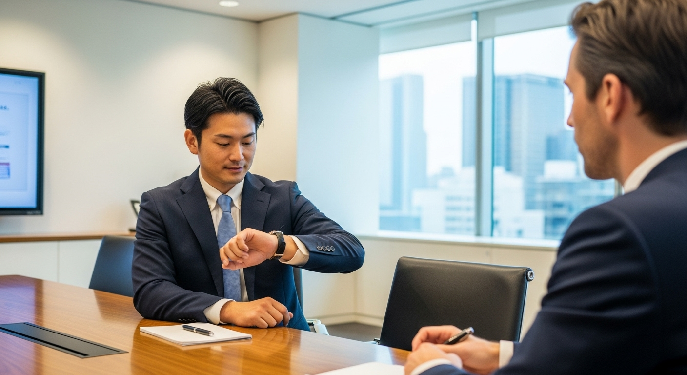 明るいオフィスの会議室で、日本人ビジネスマンが商談中に腕時計を確認している様子