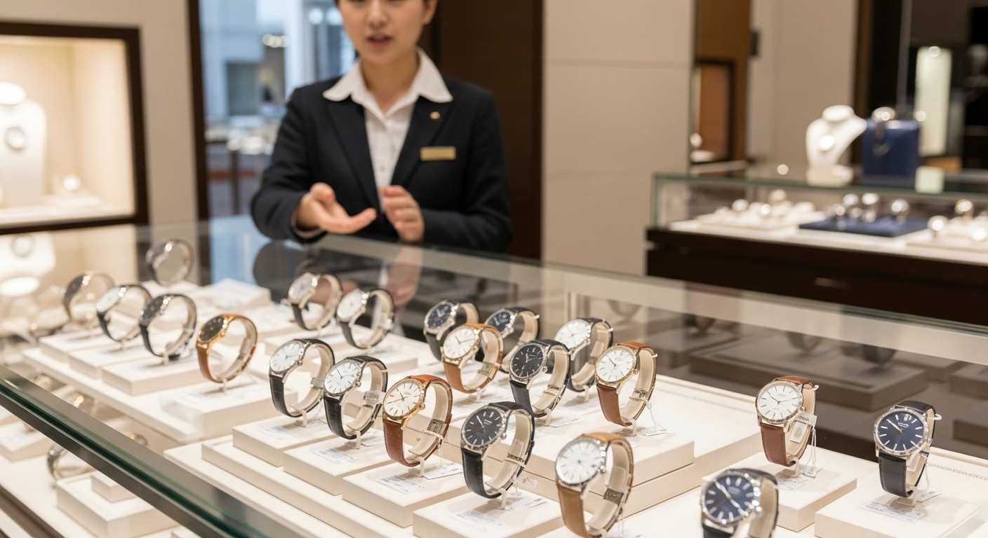明るい店内で、様々なビジネス向け腕時計が陳列されているショーケース