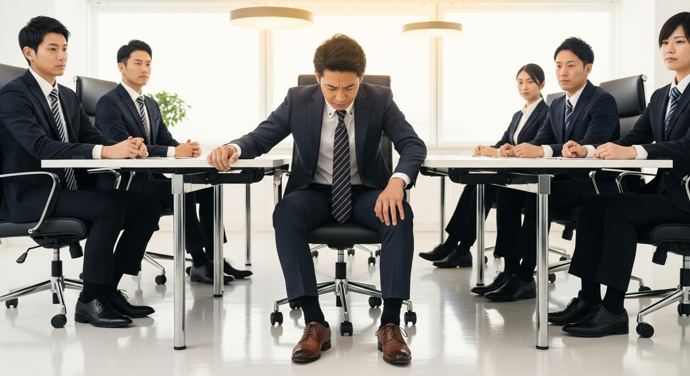 明るいオフィスの会議室で、30代の日本人ビジネスマンが困った表情で自分の茶色の革靴を見下ろしている様子