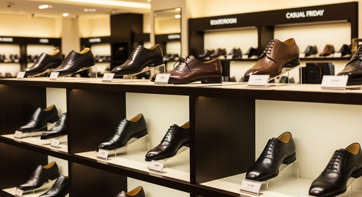 高級感のあるビジネスシューズ店の陳列棚に、黒からダークブラウンまで様々な色合いの革靴が整然と並んでいる様子
