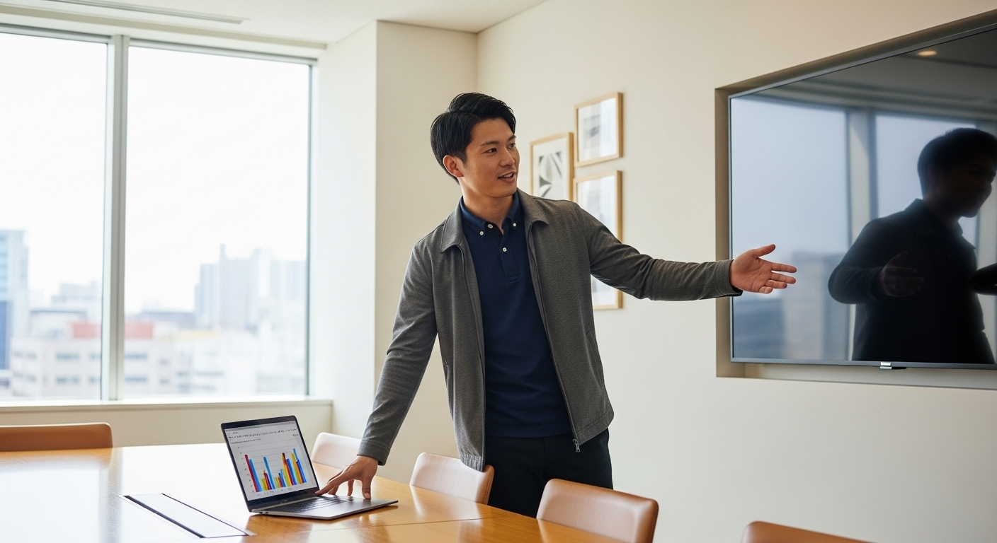 ネイビーのポロシャツにグレーのジャケットを羽織った30代の日本人男性が、ノートパソコンを使ってプレゼンテーションをしている様子