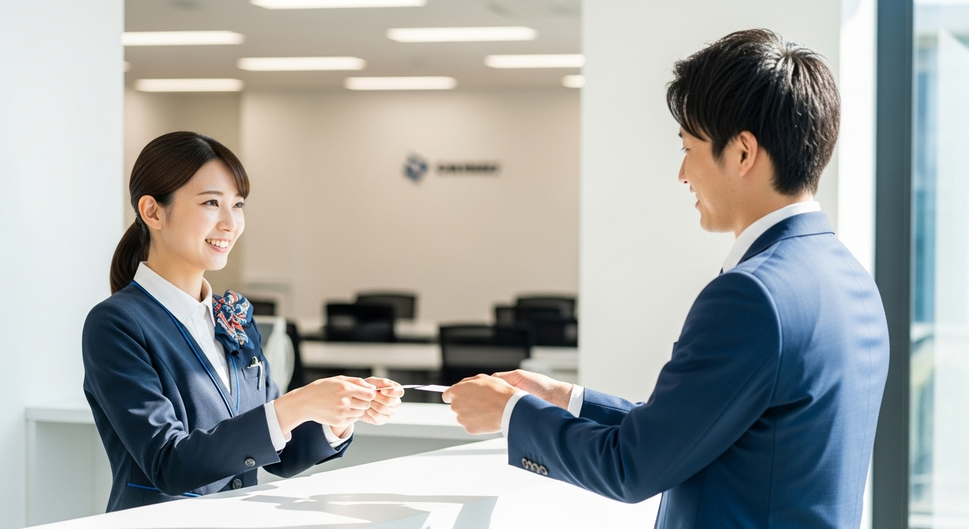 20代の日本人女性の受付スタッフと、紺色のスーツを着た20代の日本人男性が名刺交換をしている場面