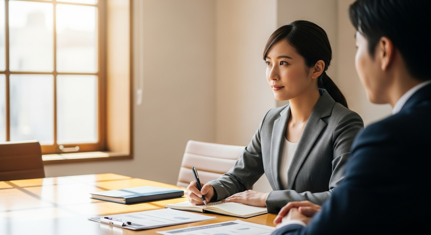 グレーのスーツを着た30代の日本人女性が、木製のテーブルを挟んで企業の担当者と商談をしている様子