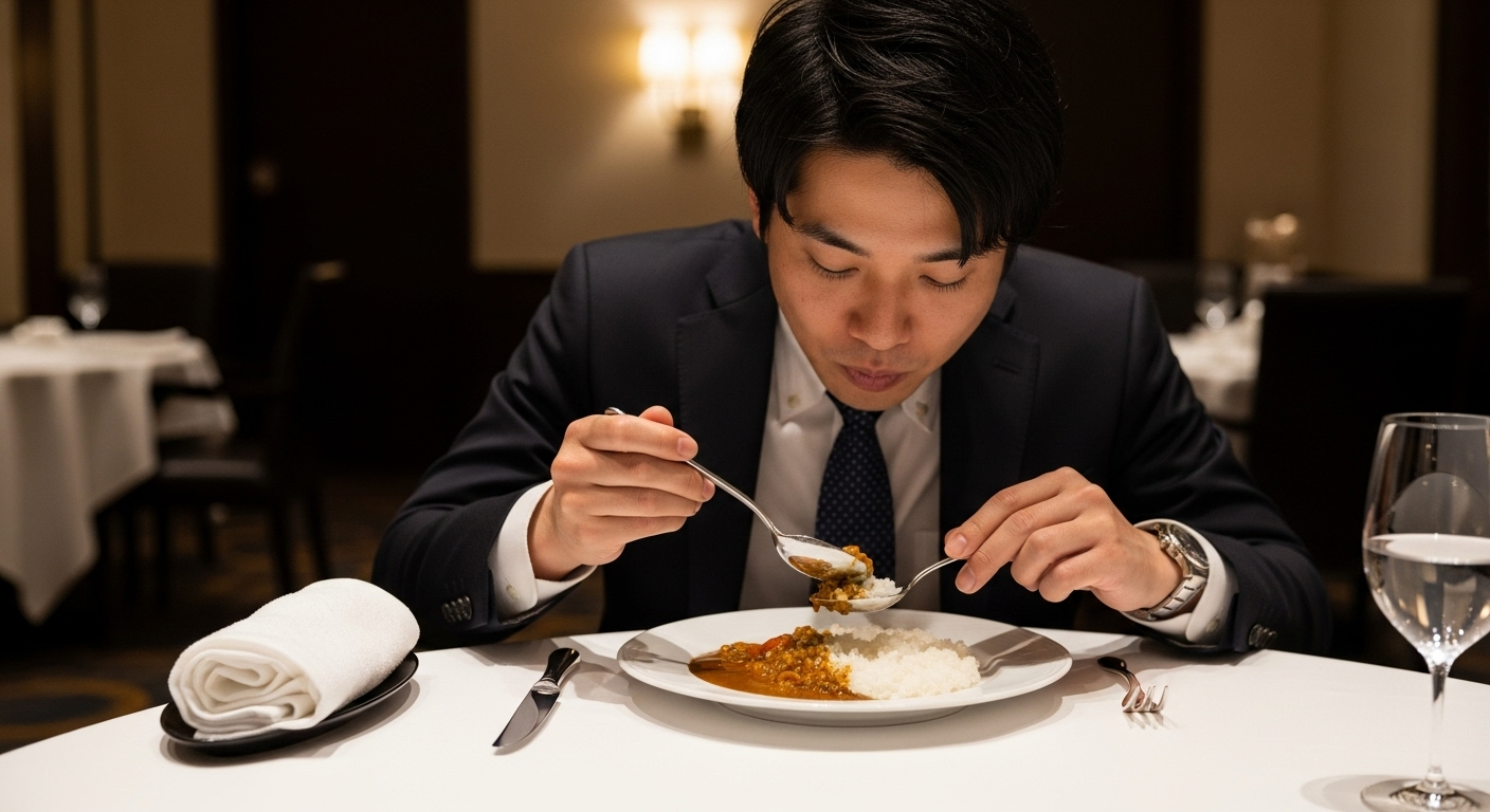 高級レストランでビジネスマンがカレーライスを上品に食べている様子