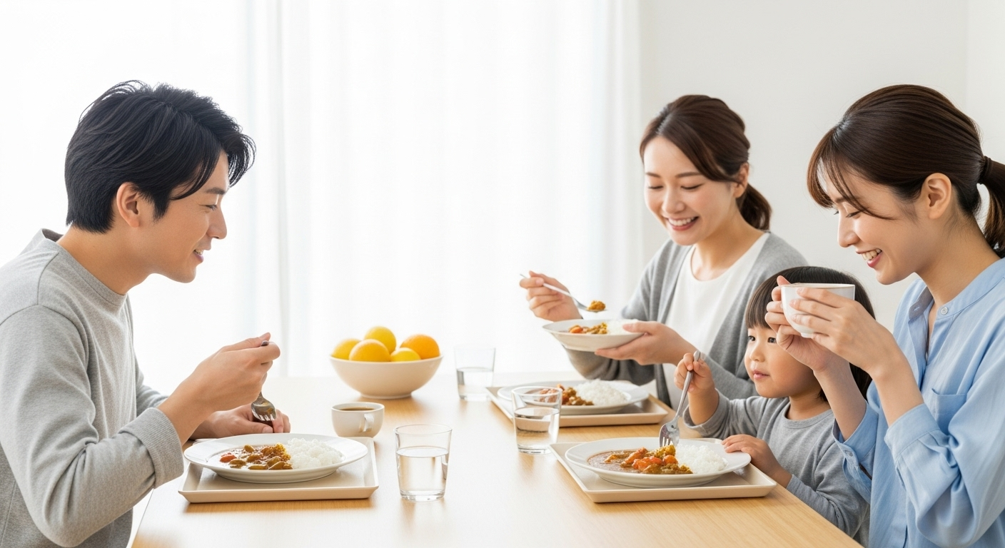 家族でのカジュアルな食事風景。明るいダイニングルームで日本人の家族（両親と子供）がカレーライスを楽しそうに食べている様子