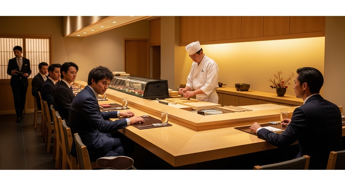 高級寿司店のカウンター席で、適切でない服装（スニーカーやカジュアルすぎる格好）で浮いてしまっている人と、上品な服装の他の客との対比を表現した場面