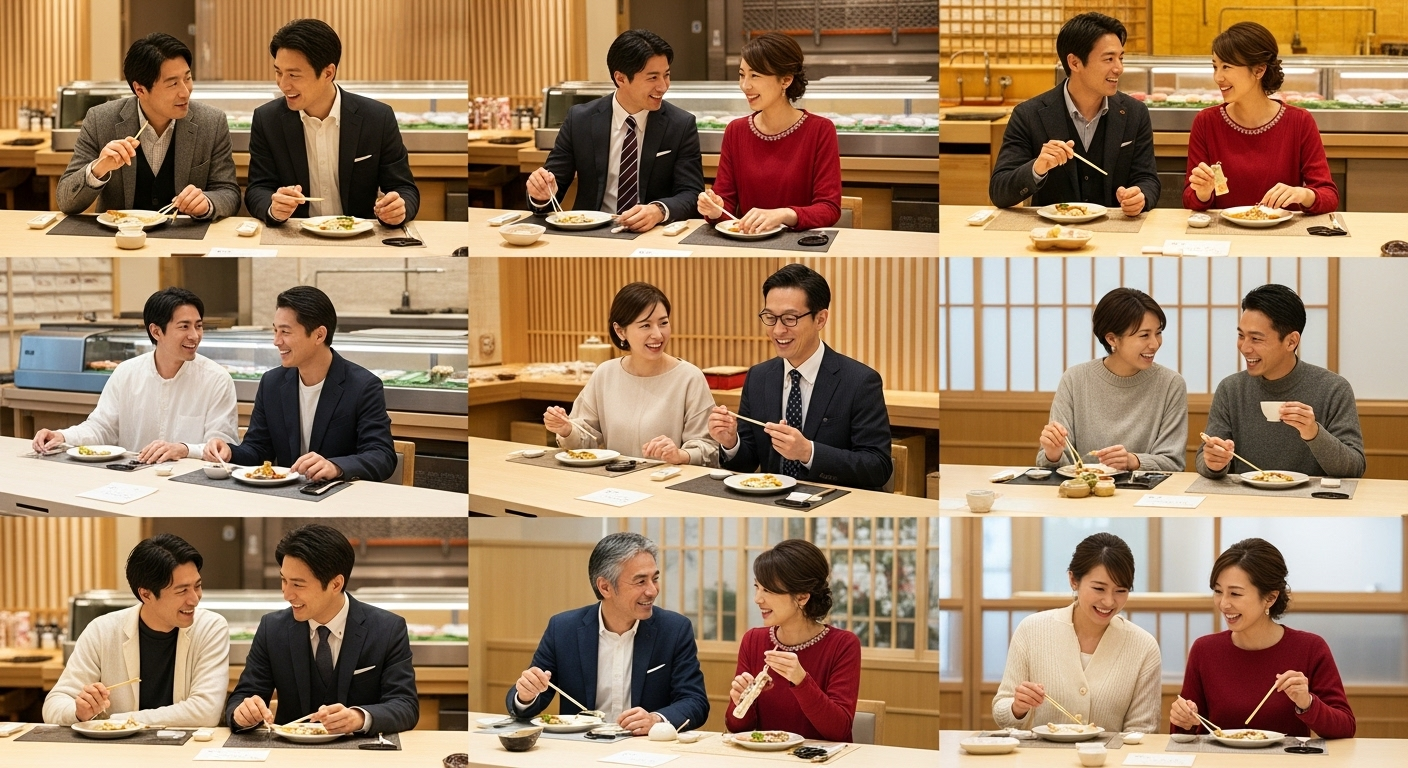 デート、接待、記念日など様々なシーンに応じた寿司屋での服装を表現した場面