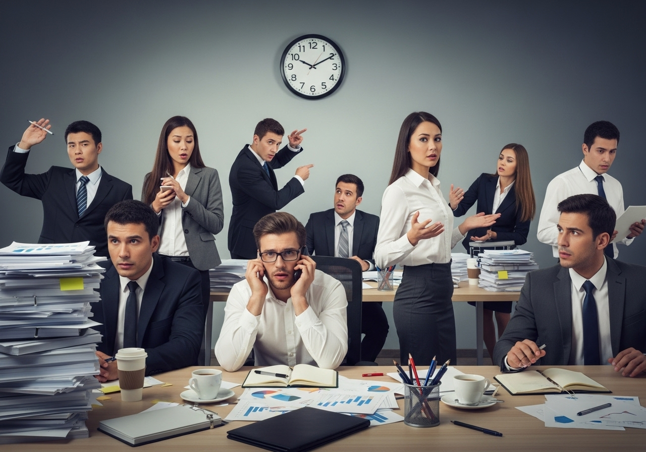 マナーを軽視して困った表情をしているビジネスパーソンたちの様子