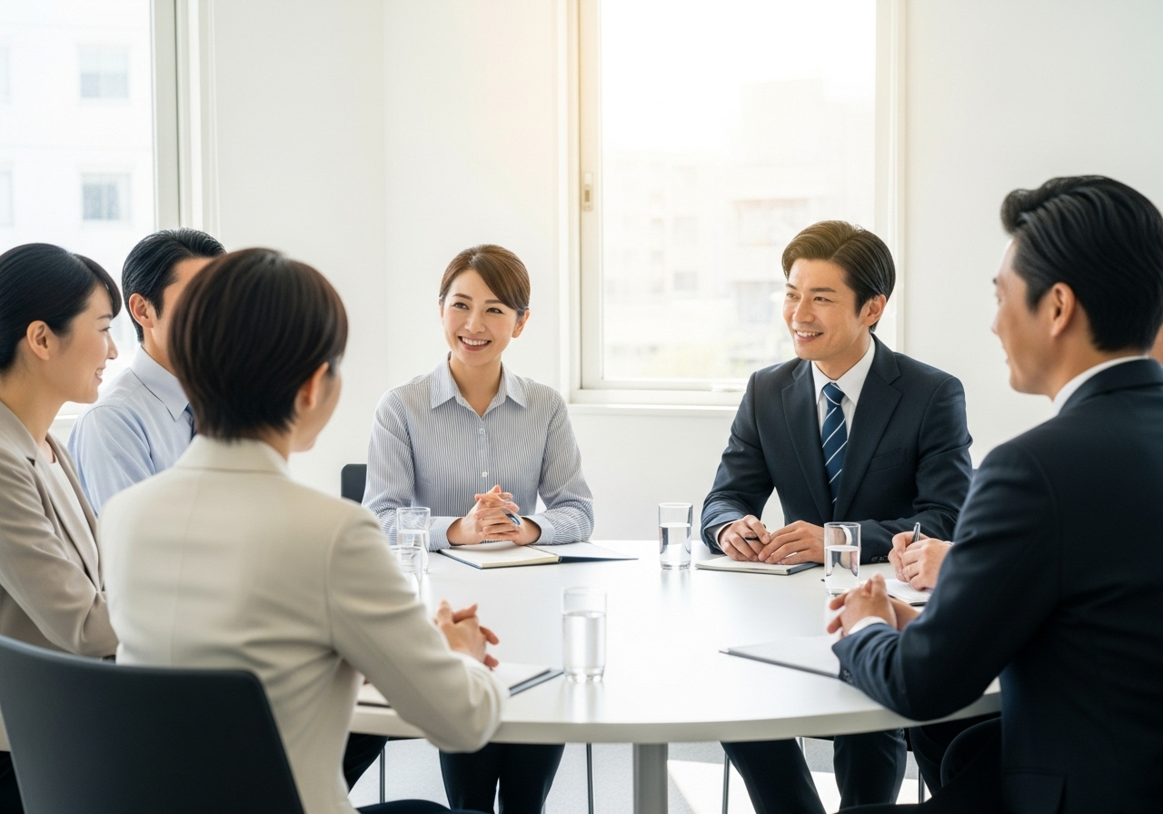 多様な年代の日本人ビジネスパーソンが円卓を囲んで和やかに議論している様子