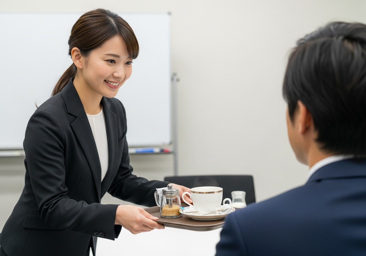 ーツを着た30代の日本人女性が、お盆を持ってお客様にコーヒーを出している場面