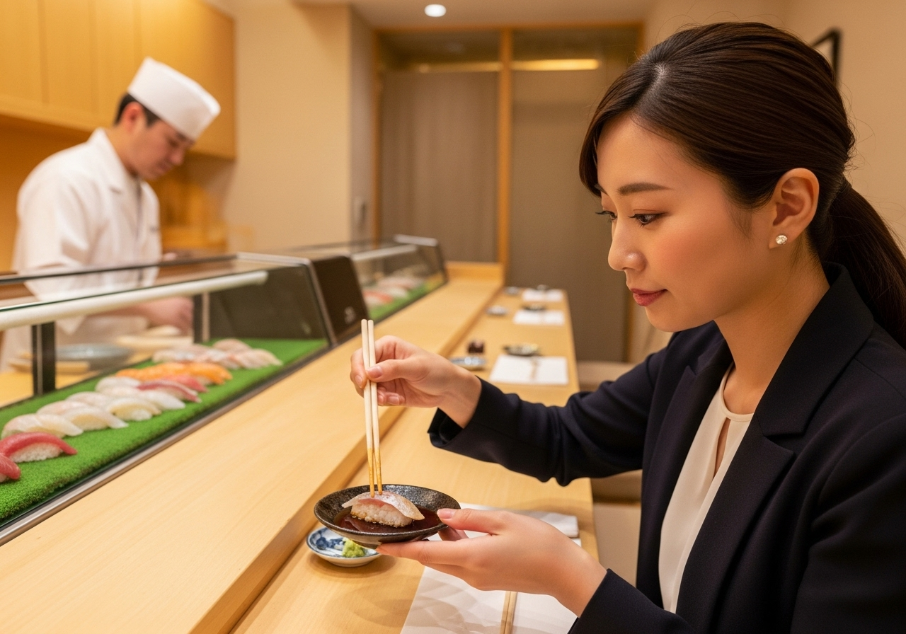 高級寿司店のカウンターで、20代の日本人女性が醤油皿に寿司を正しくつけている様子