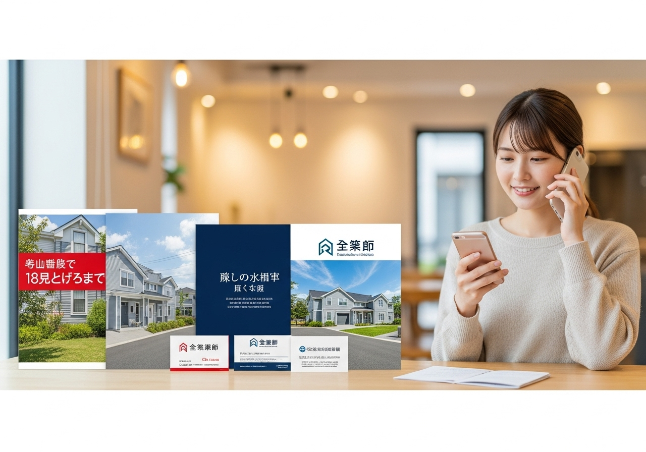 複数の不動産会社のパンフレットや名刺が机の上に整然と並べられている様子
