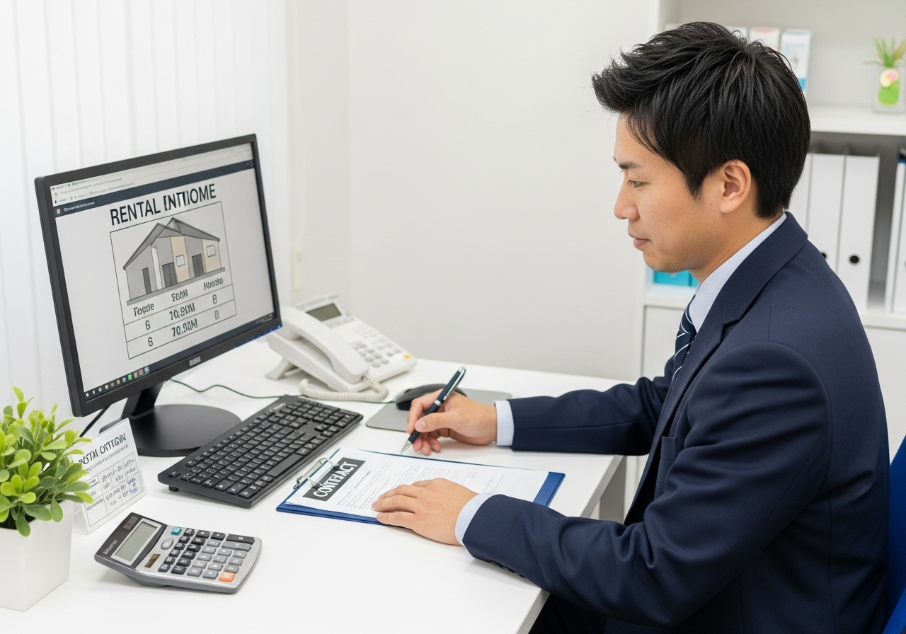 不動産会社の清潔なオフィス内で、30代の日本人男性営業担当者がデスクで見積書を作成している様子
