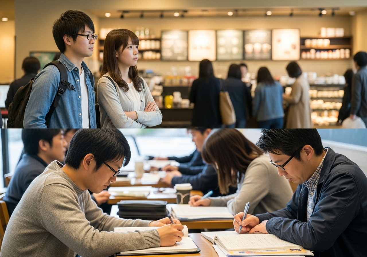 æ··éããã«ãã§ã®åºå
ã§ãåžãåŸ
ã€ã客ãããšé·æéæ»åšããŠãã人ã®å¯Ÿæ¯ã衚çŸããå Žé¢