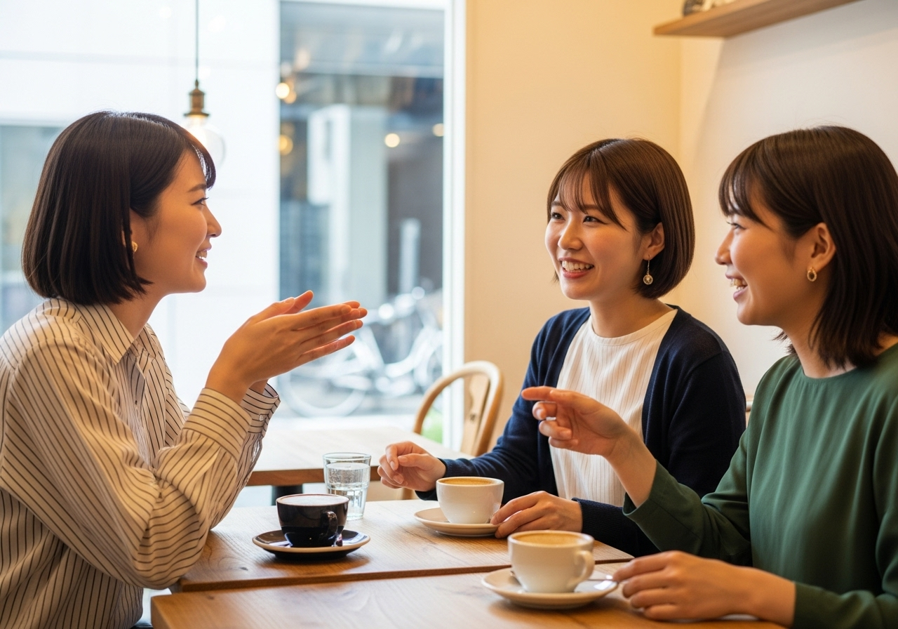 å人çµå¶ã®ãããããªã«ãã§ã§ãåéåå£«ã§æ¥œããäŒè©±ãããŠãã20ä»£ã®æ¥æ¬äººå¥³æ§2äººã®æ§å