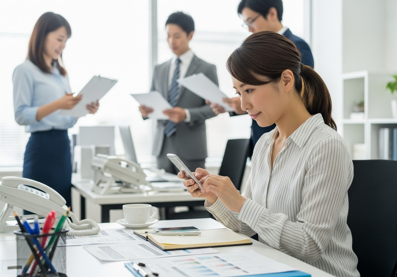 オフィスの机で朝の時間にスマートフォンを操作する日本人女性